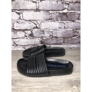 Antenora Black Leather Casual Strap Slides Platform Sandals Women Sz 7M US/38EU